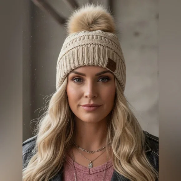 NWT C.C Beige PomPom Pom Pom Knit Beanie - Picture 3 of 4
